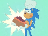 An illustration of Sonic the Hedgehog holding a Chili dog