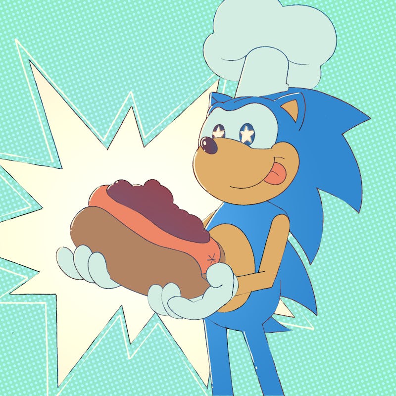 An illustration of Sonic the Hedgehog holding a Chili dog