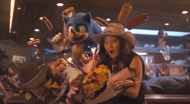 Sonic surrounded by a halo of chili dogs in his 2020 big-screen outing.