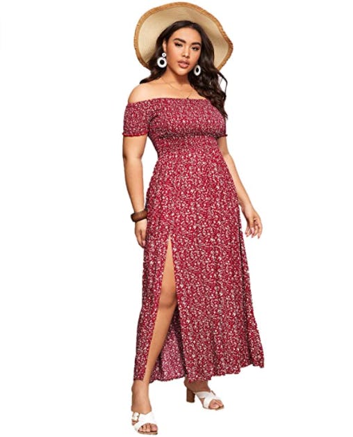 Floerns Boho Floral Print Off Shoulder Split Dress