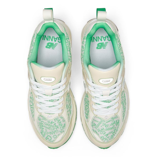 Ganni And New Balance collaboration On A Y2K Sneaker in green and beige from the top