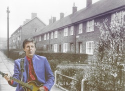 Composite image of Paul McCartney performing with a guitar and Paul McCartney's childhood home in Li...