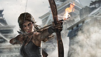 artwork of Lara Croft firing an arrow from Tomb Raider 2013