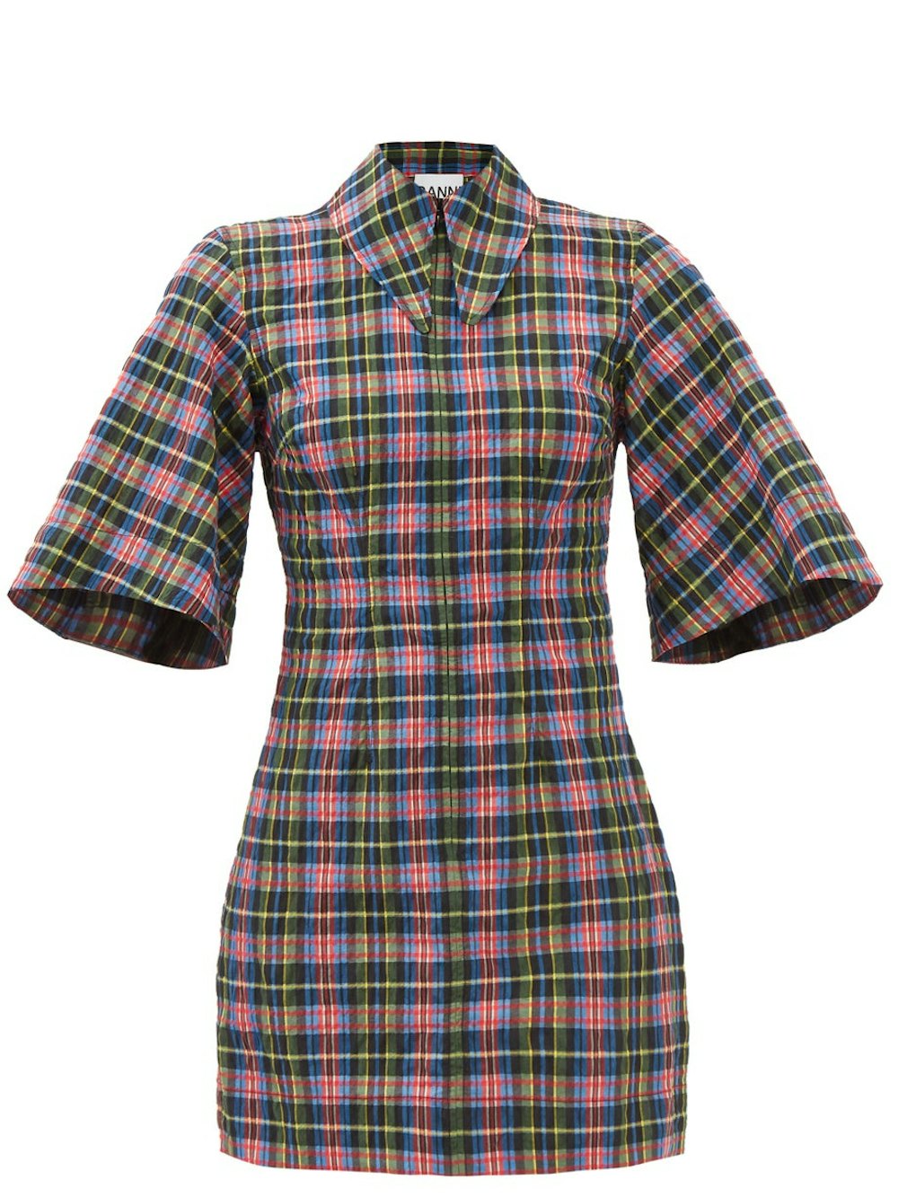 Plaid organic cotton-blend seersucker shirt dress