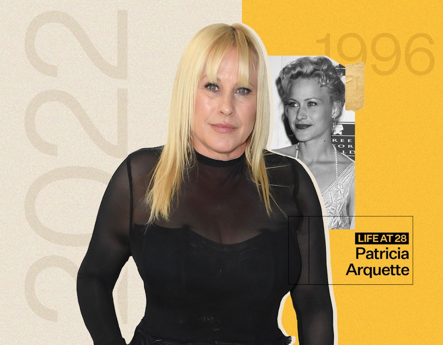 Patricia Arquette in 1996 next to a picture of her in 2022 in a sheer black top