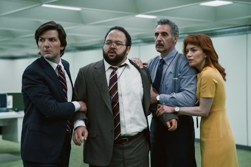 Adam Scott as Mark, Zach Cherry as Dylan, John Turturro as Irv, and Britt Lowers as Helly in 'Severa...