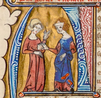 A potential wet nurse is assessed by another woman. Le Régime du corps, 14th century.
