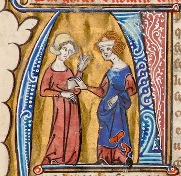 A potential wet nurse is assessed by another woman. Le Régime du corps, 14th century.