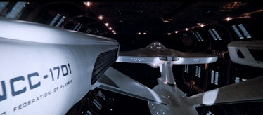 The Enterprise leaves spacedock in the 4K version.