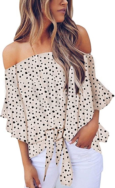 Asvivid Printed Off-The-Shoulder Tie-Knot Blouse