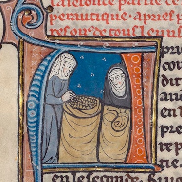 Two servants with sacks of grain. The Bute Painter, Le Régime du corps, circa 1285.