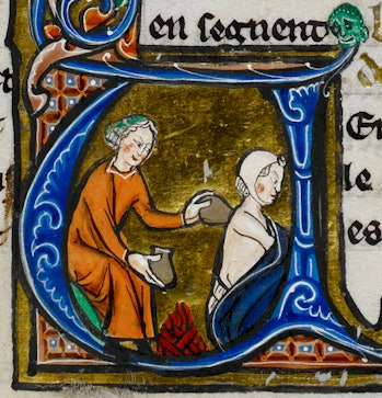 A woman administers cupping therapy.  The Diet of the Body, circa 1265-70.