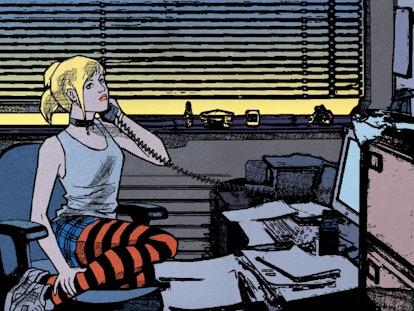 Layla Miller talking on a telephone in her office in a Marvel comic