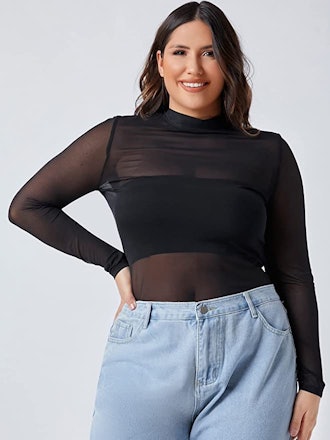 Floerns Long-Sleeved Mesh Mock-Neck Crop Top