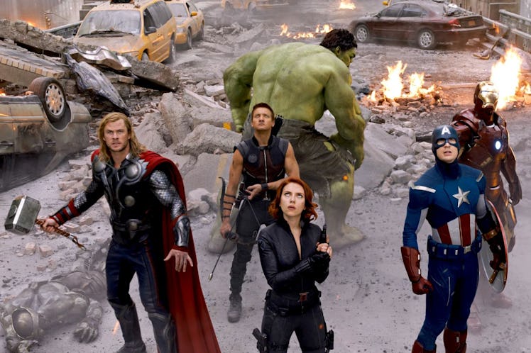 The Avengers on a demolished street
