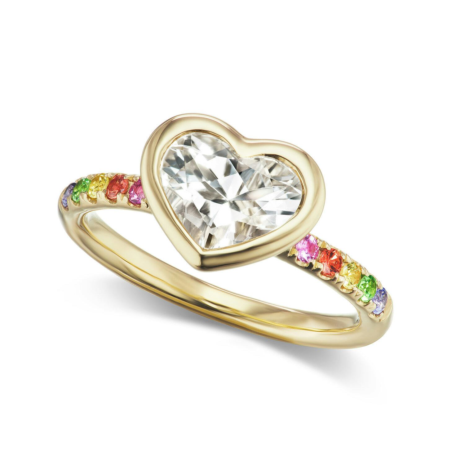 Cirque Heart Bezel Solitaire Pavé Band Ring with White Topaz &amp; Rainbow Pavé