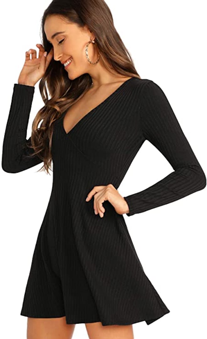 Verdusa Long Sleeve Ribbed Short Skater Dress