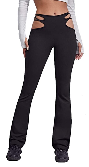Verdusa Women's Mid Waist Cut Out Laddering Stretch Comfy Flare Leg Night Out Pants