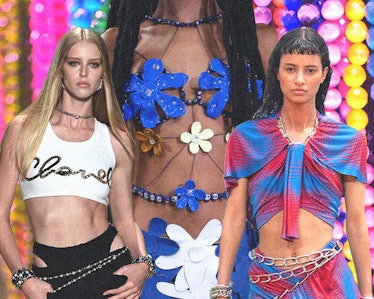 3 models wearing classic and flower-shaped body chains on the runway 