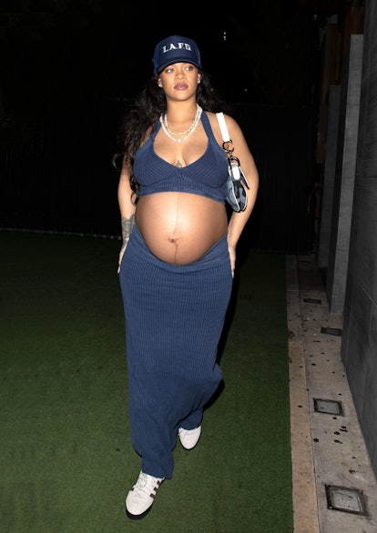 Rihanna wears a matching two-piece maternity outfit by ALAÏA.