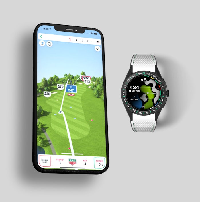 Tag Heuer's Connected Calibre E4 Golf Edition alongside its golf app