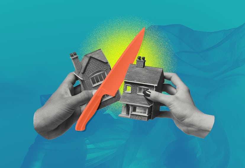 Hands holding two halves of a house that has been cut in half by an orange knife