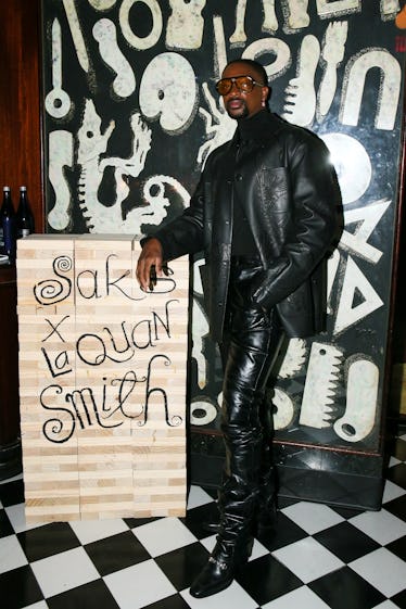 LaQuan Smith at the Saks party wearing all black leather