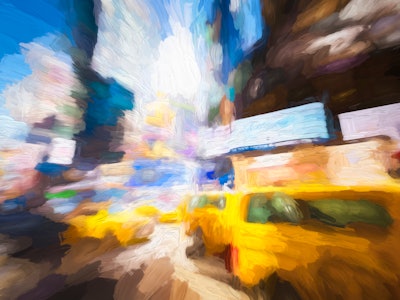A blurry painting of a busy street with transportation vehicles, buses and cars