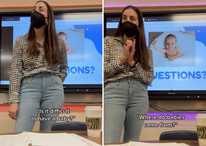 A teacher back from maternity leave fielded questions about babies.