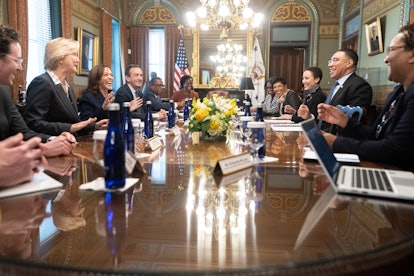 In the Vice President's Ceremonial Office, a desk has signatures from previous veeps.