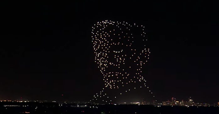 Tesla Cyber Rodeo aerial drone show forming shape of Elon Musk's head