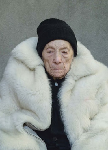 Louise Bourgeois wearing a fur coat