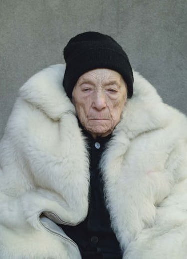 Louise Bourgeois wearing a fur coat