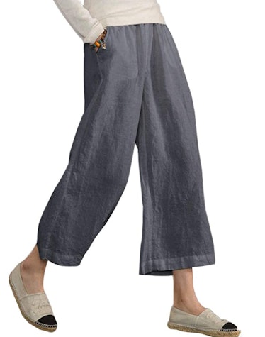 ECUPPER Womens Casual Loose Elastic Waist Cotton Trouser Cropped Wide Leg Pants