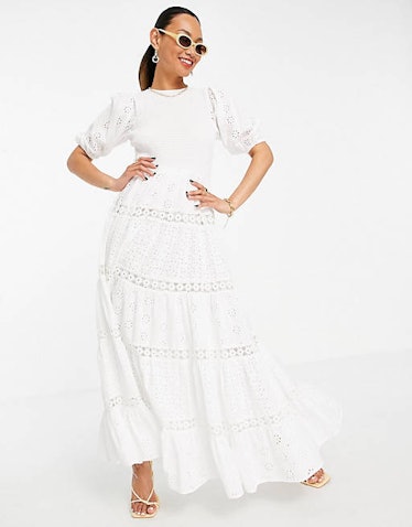 ASOS DESIGN Shirred Mixed Broderie Tiered Maxi Dress 