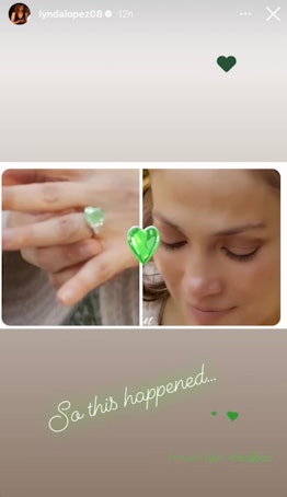 Jennifer Lopez's second engagement ring from Ben Affleck features a green stone, as seen screenshots...