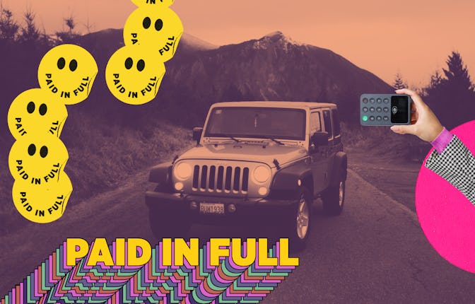 A car driving on a road, a hand taking pictures of it and paid in full smiling stickers on the left...