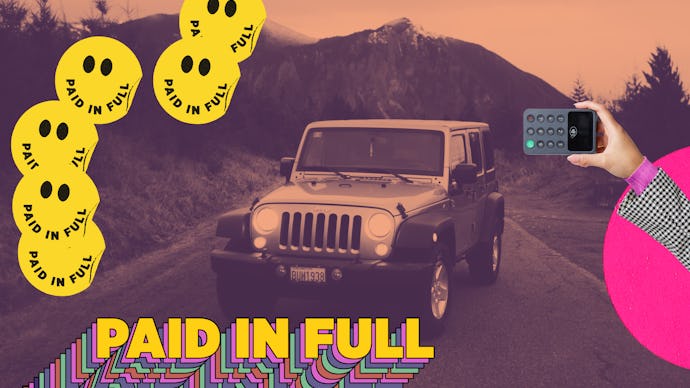 A car driving on a road, a hand taking pictures of it and paid in full smiling stickers on the left...