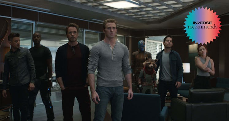 A scene from the movie 'Avengers: Endgame' featuring all of the Avengers in one room