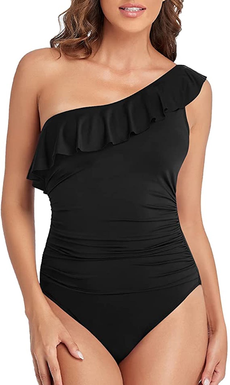 Hilor Asymmetric Ruffle One Piece Bathing Suit