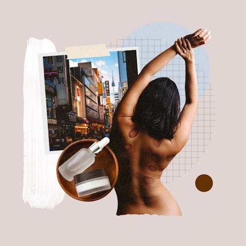 Collage of a Seoul street, body oil bottles, and back of a naked woman