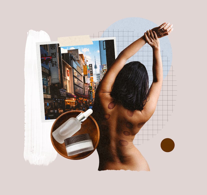 Collage of a Seoul street, body oil bottles, and back of a naked woman