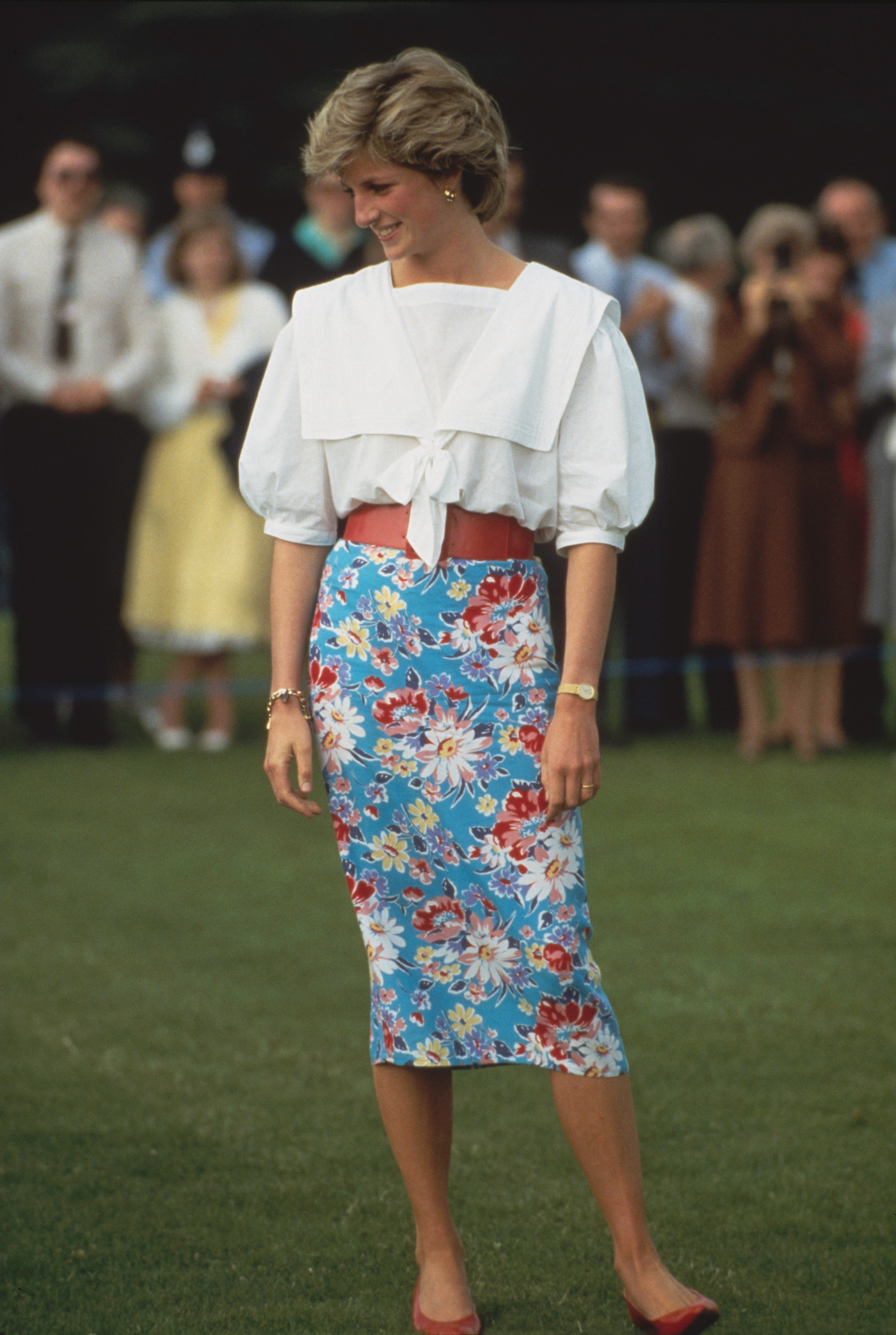 Princess Diana wearing a printed skirt