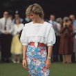 Princess Diana wearing a printed skirt