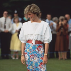 Princess Diana wearing a printed skirt