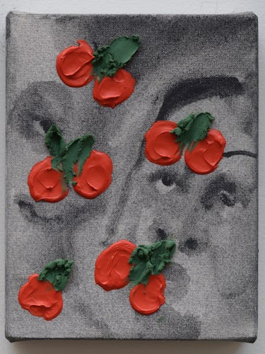 A painting featuring berries and faces by February James