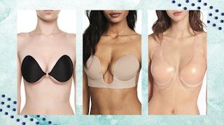 Three stick on bras: one black, one light grey and one beige