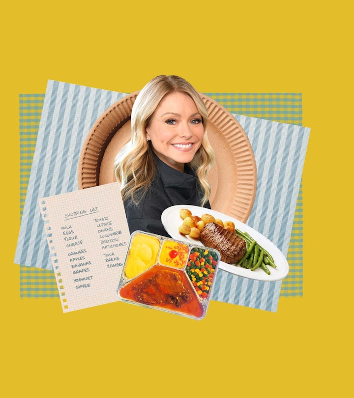 Kelly Ripa with a plate behind her, a shopping list, a microwave meal and dinner on a plate in front...