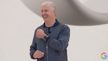 Google SVP of devices and services Rick Osterloh showing off the Pixel Watch to the public for the f...