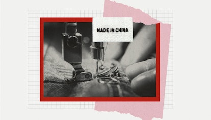 A close up of a sewing machine in black and white that says made in china next to it